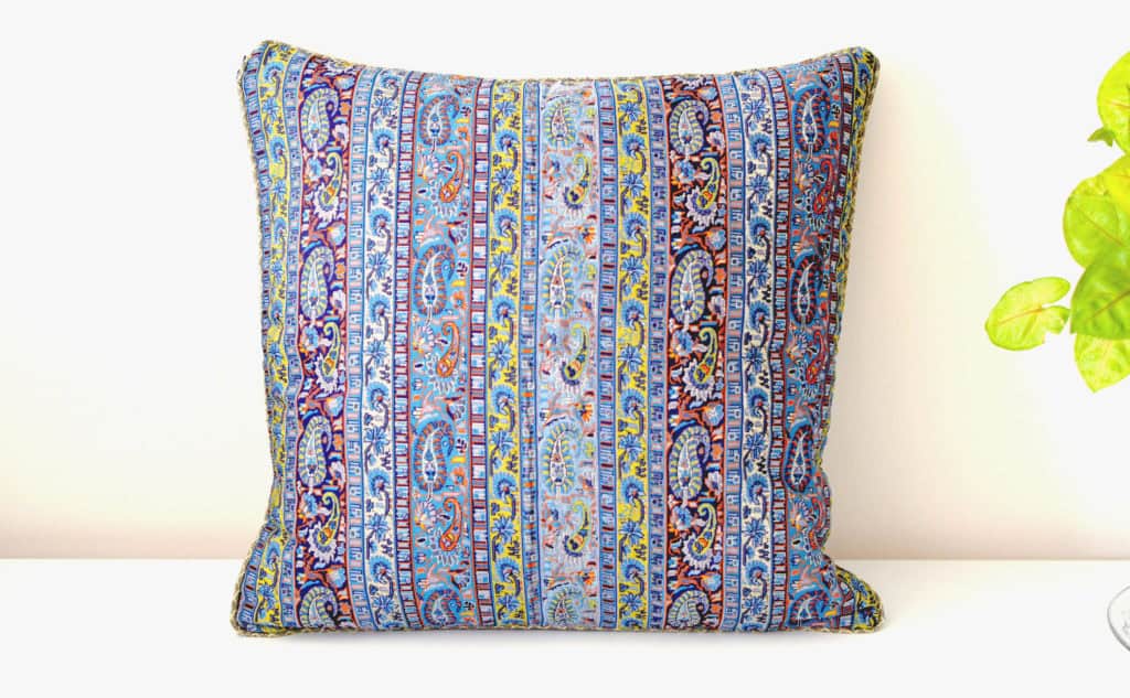 Striped Blue Termeh (Persian Fabric) With Gold Details Cushion Cover