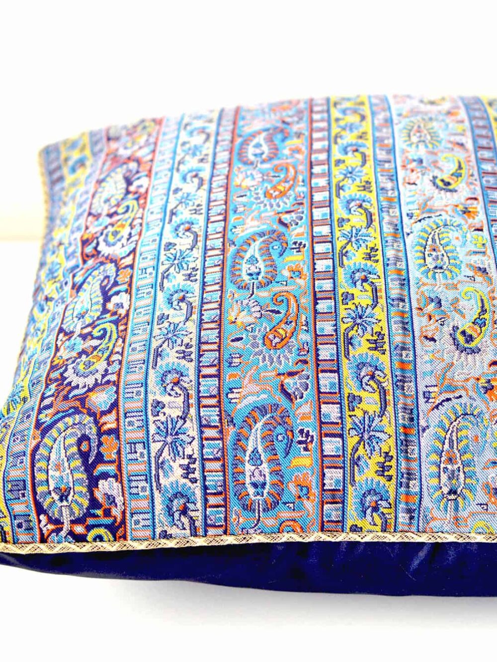 Striped Blue Termeh (Persian Fabric) With Gold Details Cushion Cover