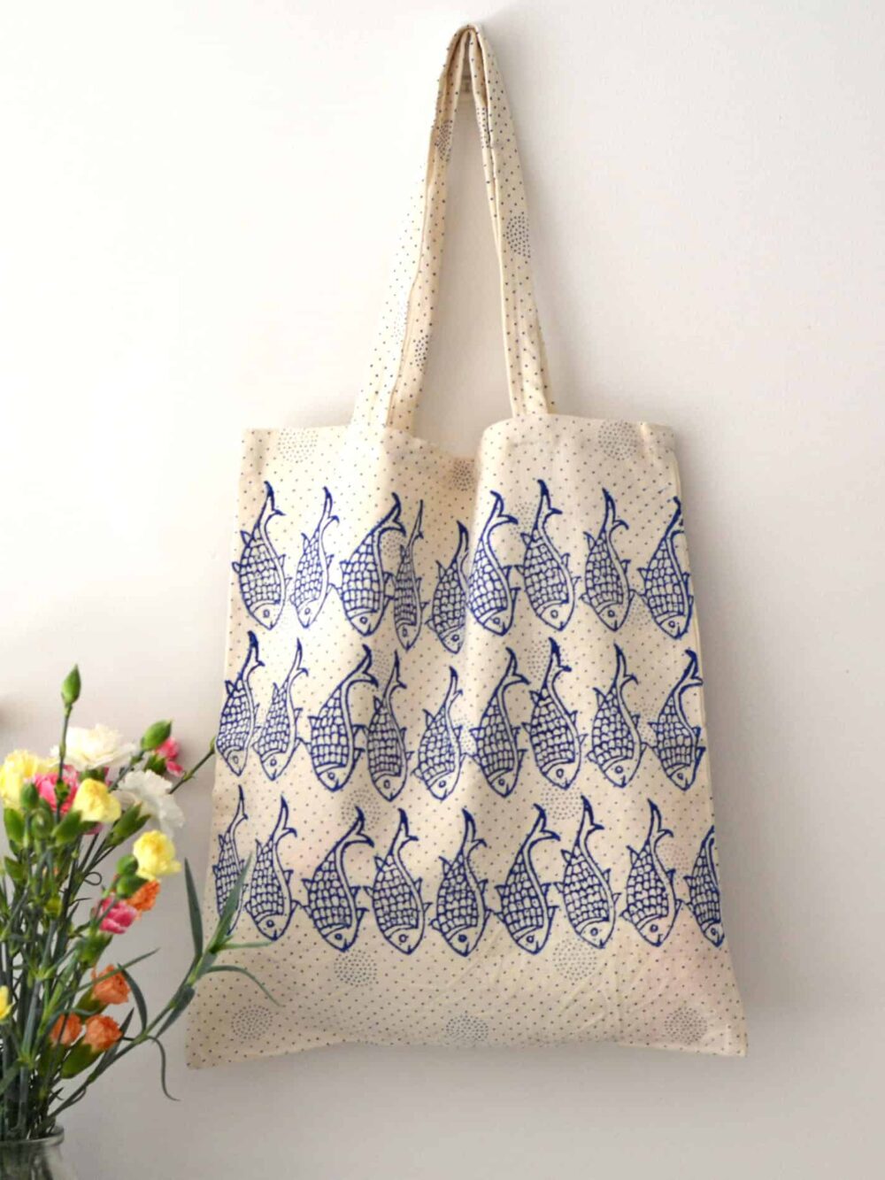 Hand block printed Persian textile tote bag with fish pattern