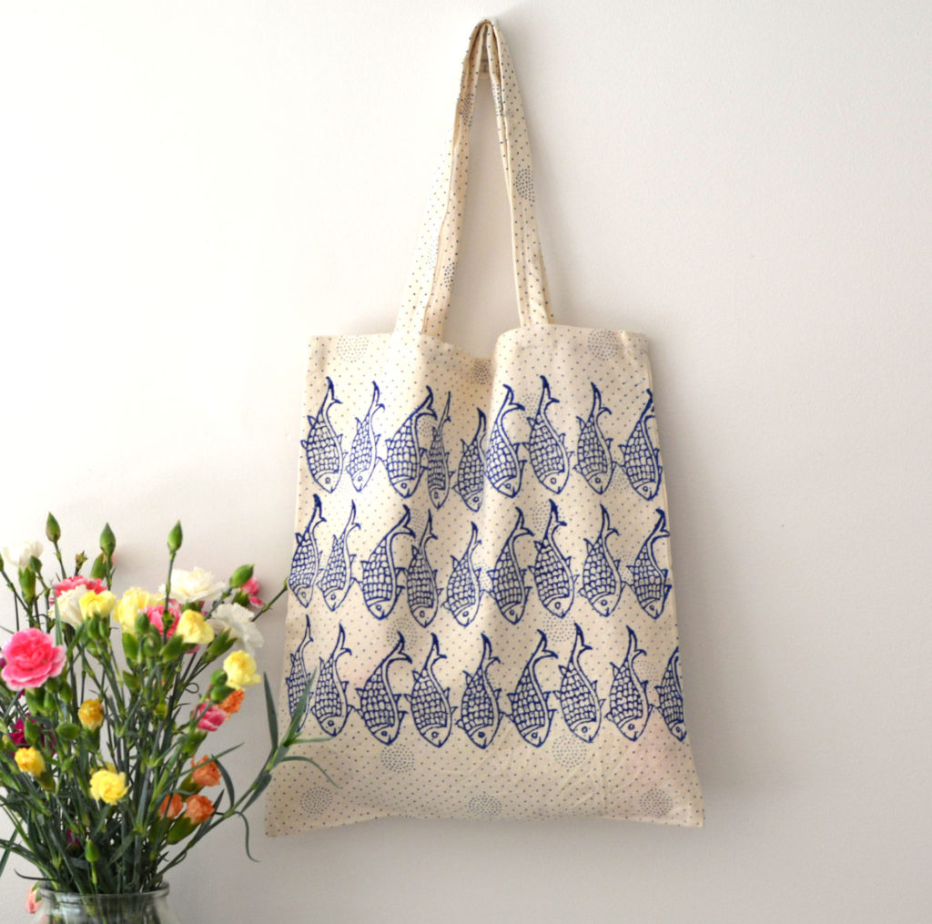 Hand block printed Persian textile tote bag with fish pattern