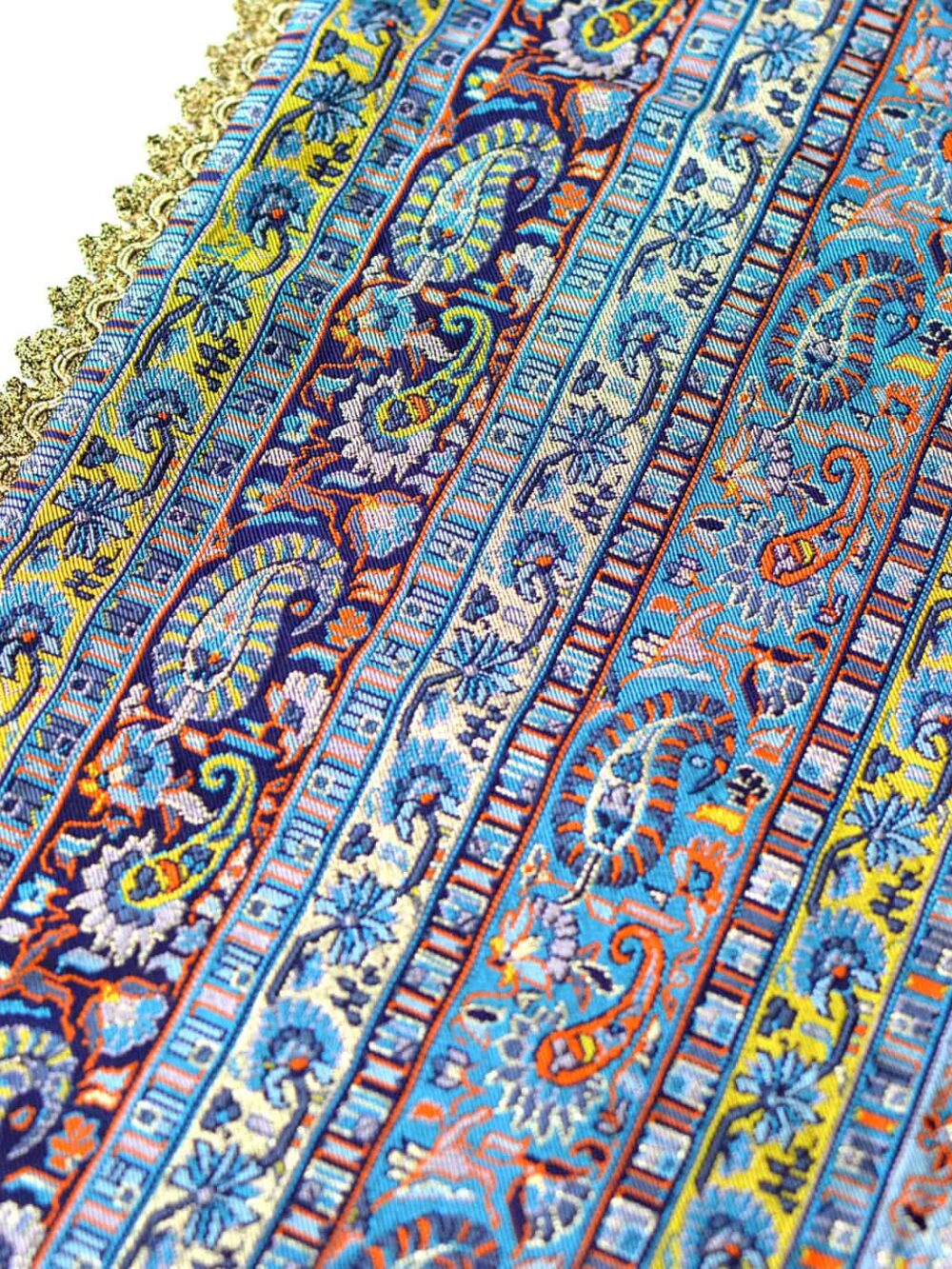 Blue Striped Termeh (Persian Fabric) Tablecloth With Gold Details