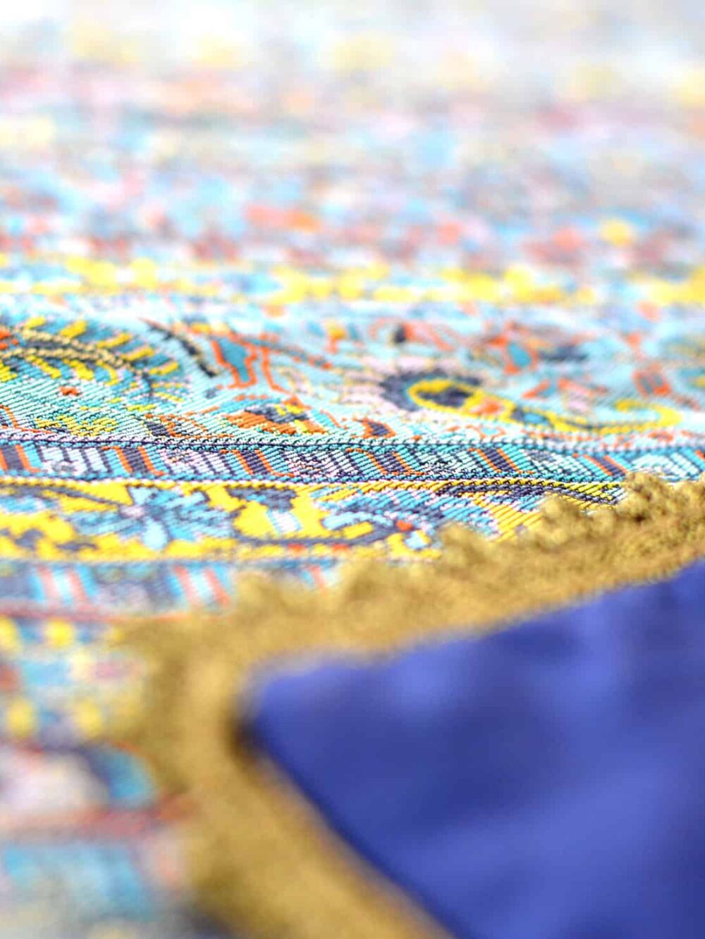 Blue Striped Termeh (Persian Fabric) Tablecloth With Gold Details