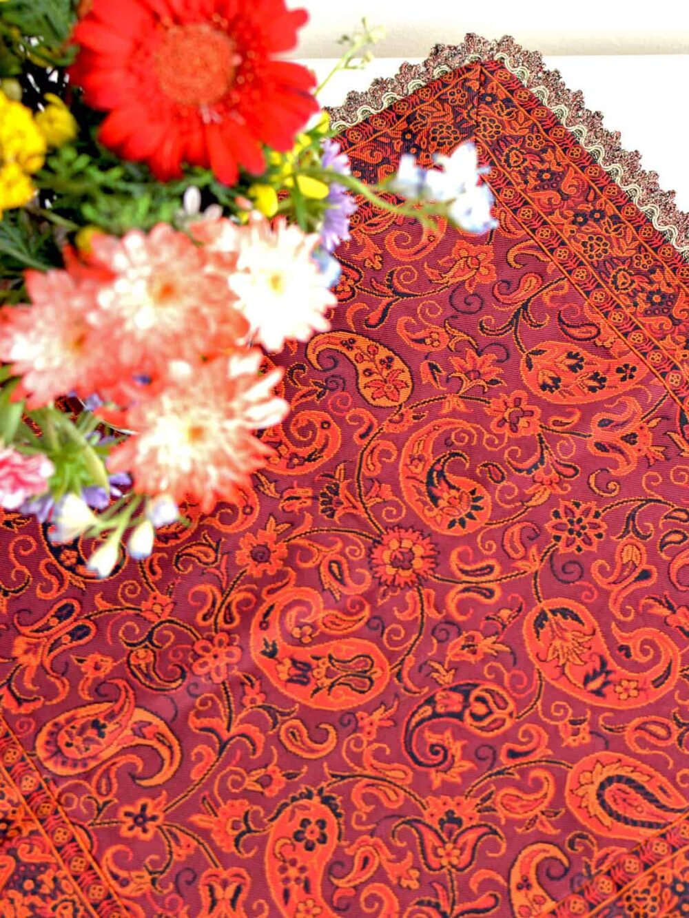 Red Termeh (Persian Fabric) Tablecloth With Edges