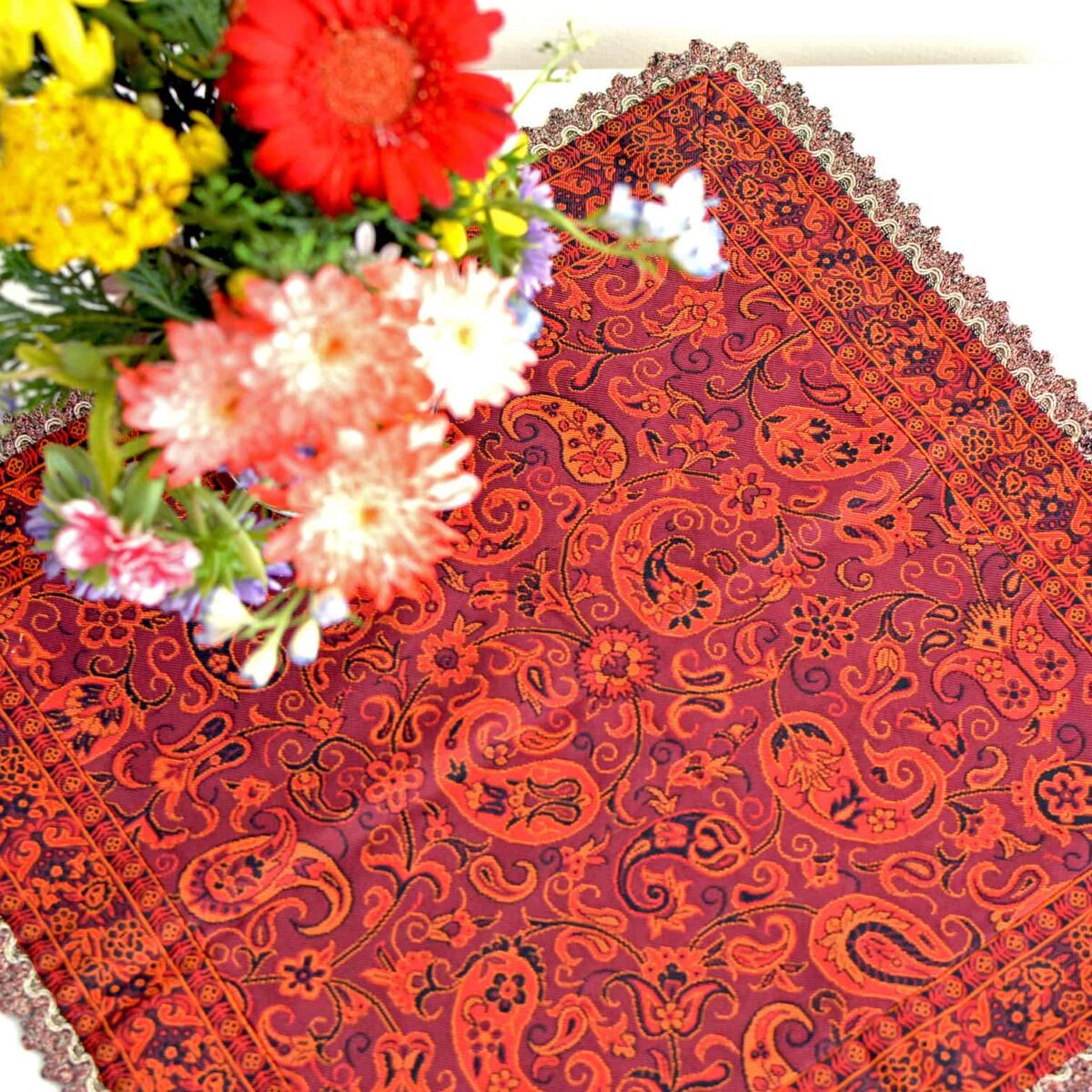 Red Termeh (Persian Fabric) Tablecloth With Edges