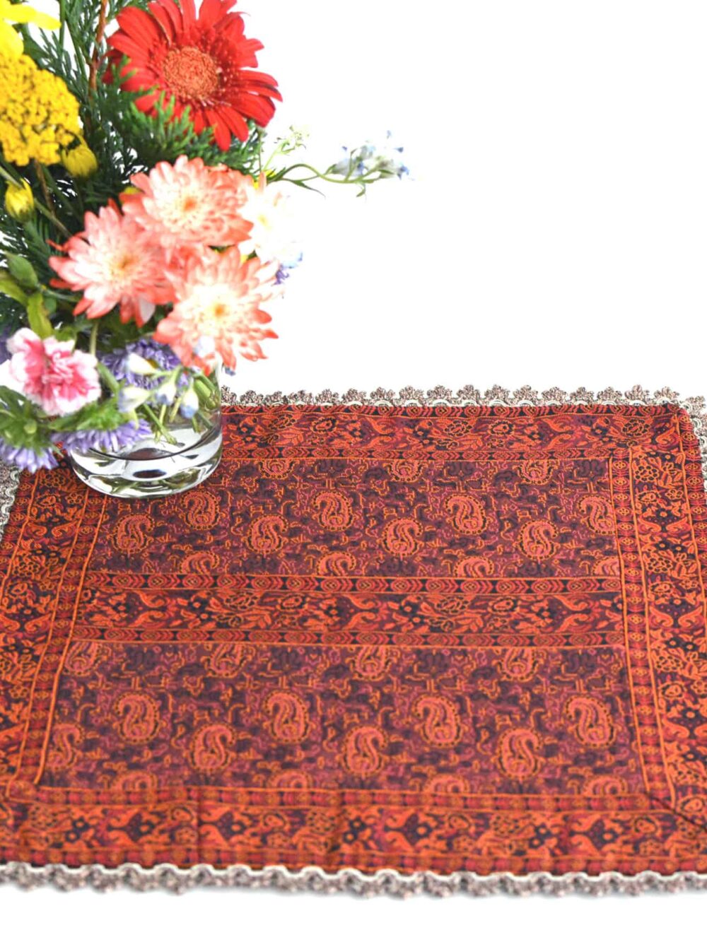 Red Square Termeh (Persian Fabric) Tablecloth With Edges