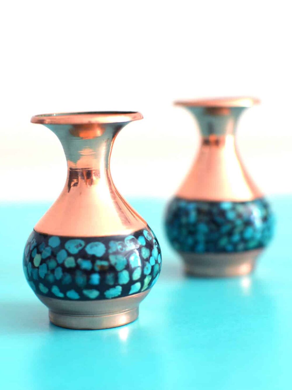 Set of 2 Decorative Vases, Persian Copper & Turquoises Artwork