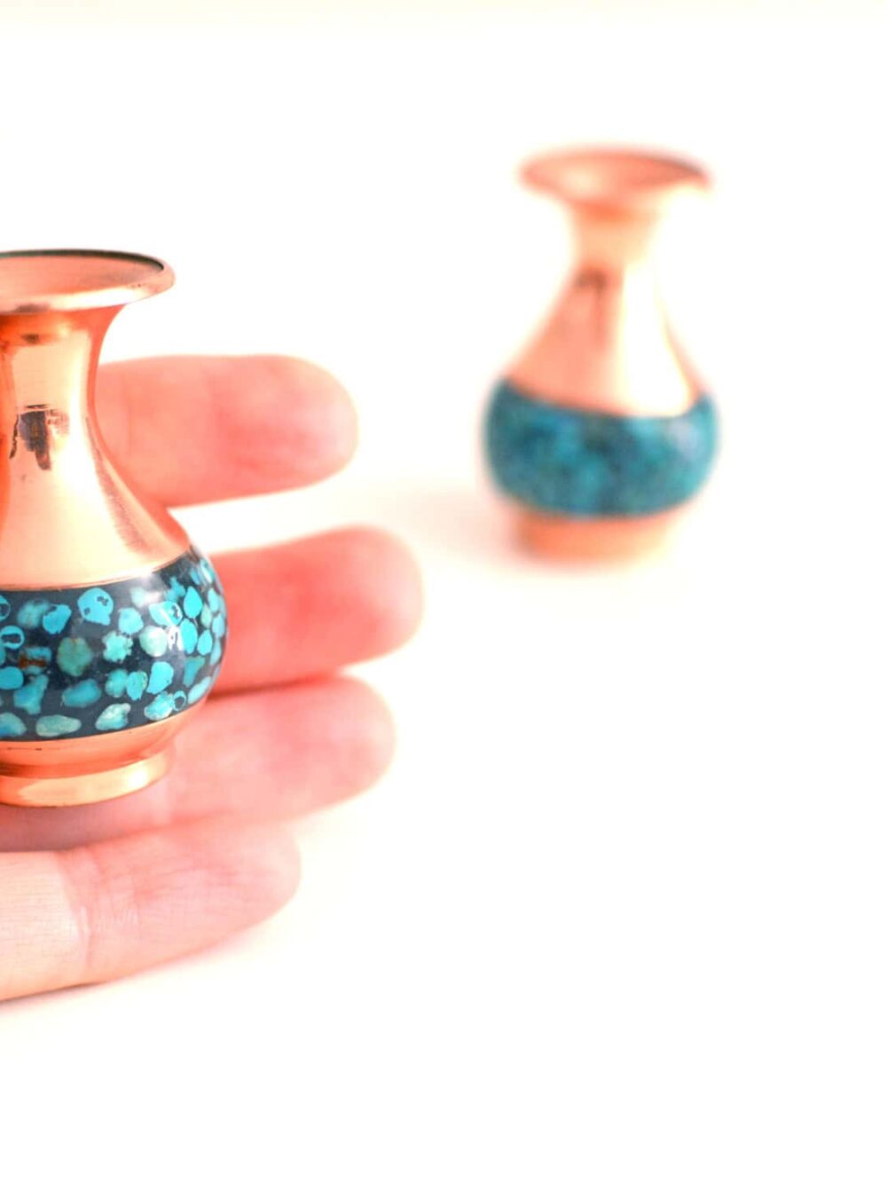 Set of 2 Decorative Vases, Persian Copper & Turquoises Artwork
