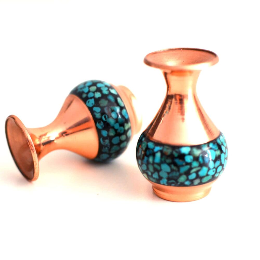 Set of 2 Decorative Vases, Persian Copper & Turquoises Artwork