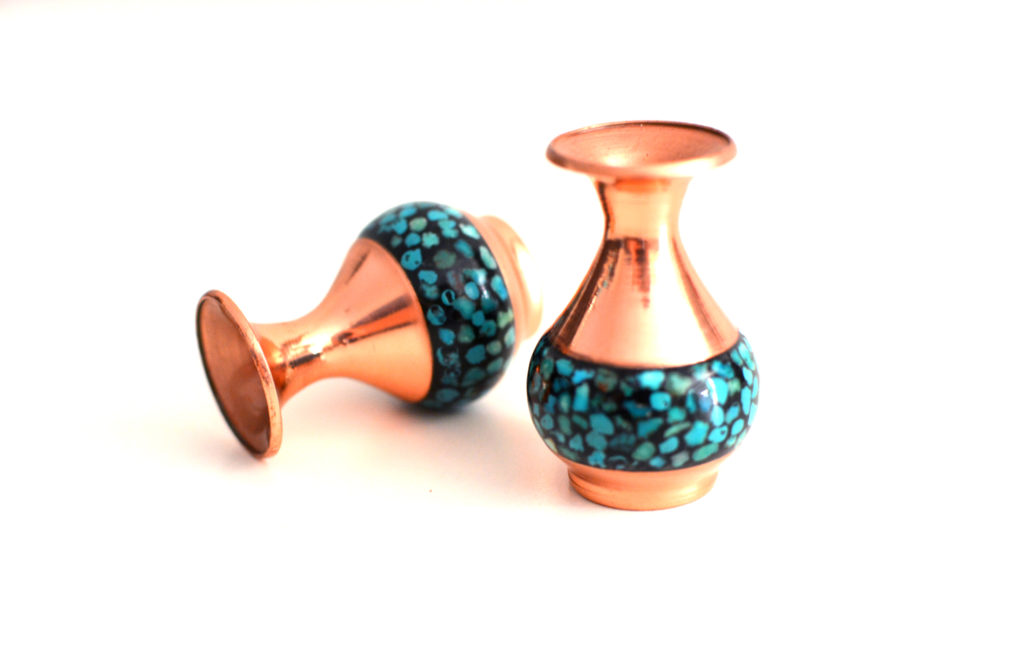 Set of 2 Decorative Vases, Persian Copper & Turquoises Artwork