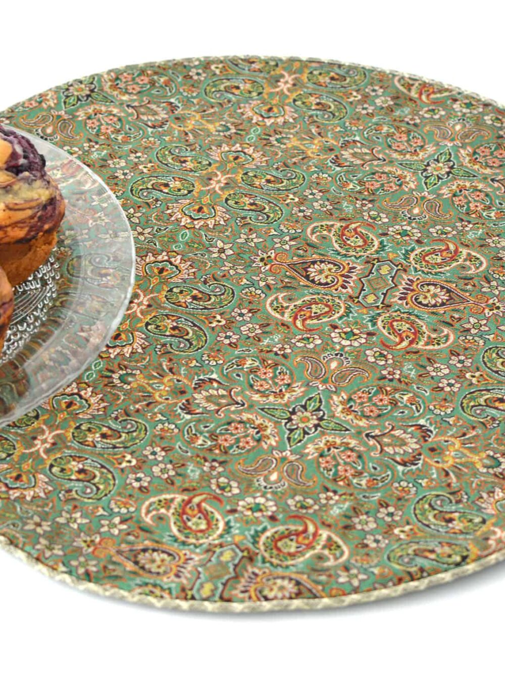 Green With Golden Strips Termeh (Persian Fabric) Round Tablecloth