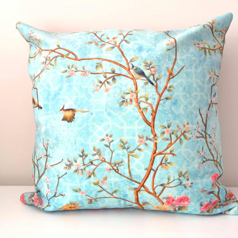 Velvet Floral With Turquoises Background Cushion Cover