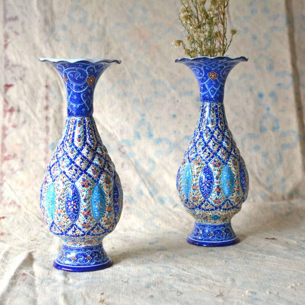 Pair of Enamelled Hand-Painted Vases