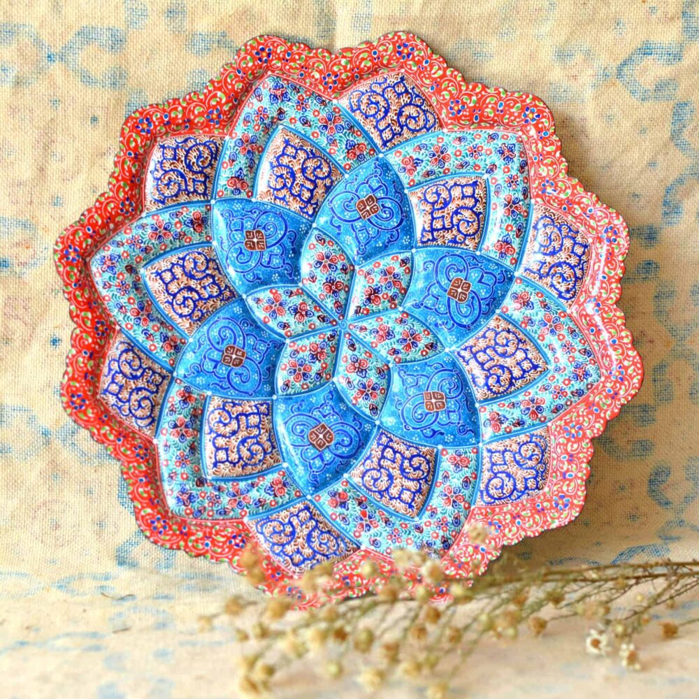 Hand-Painted enamelled red-blue plate