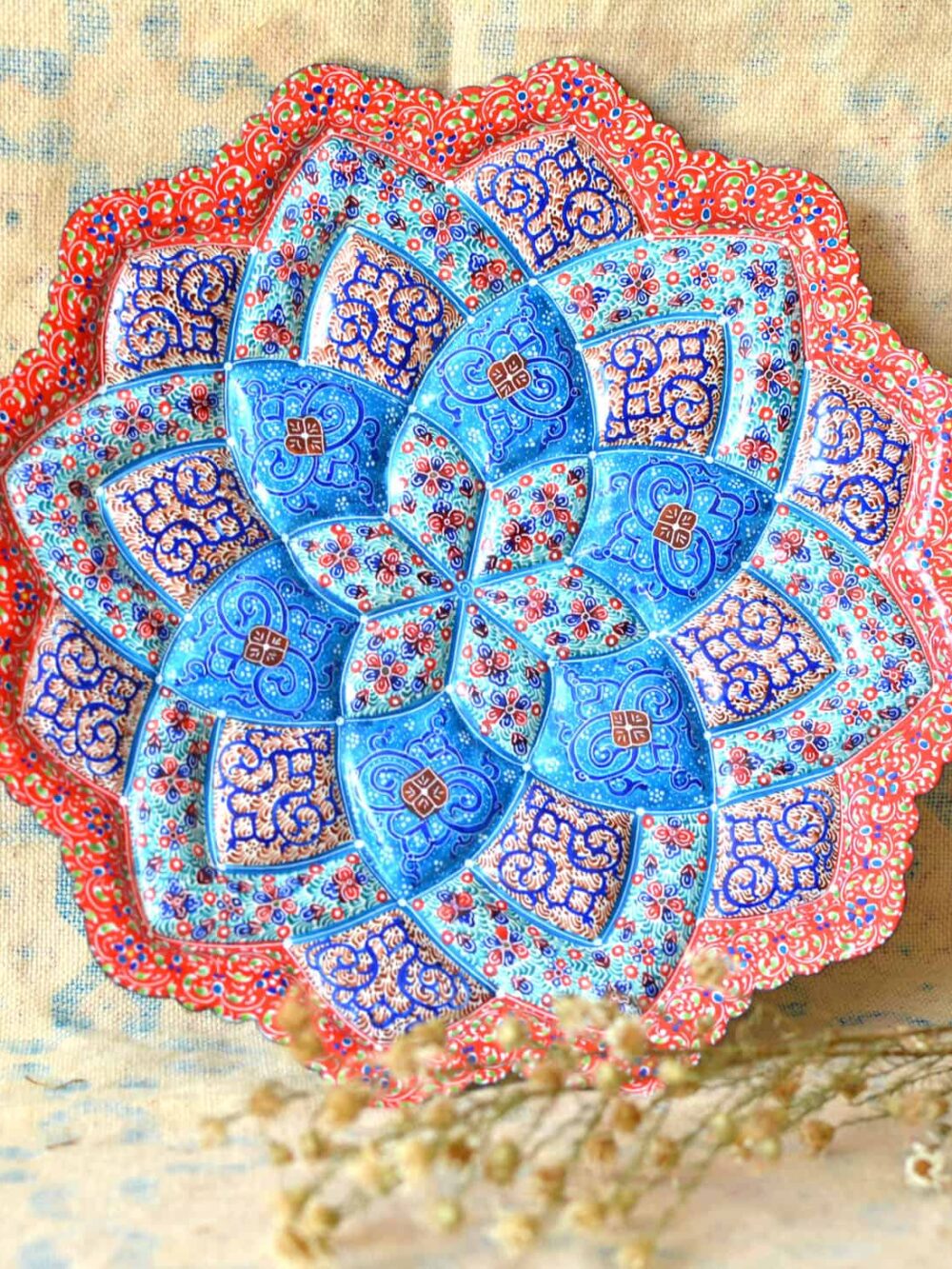 Hand-Painted enamelled red-blue plate