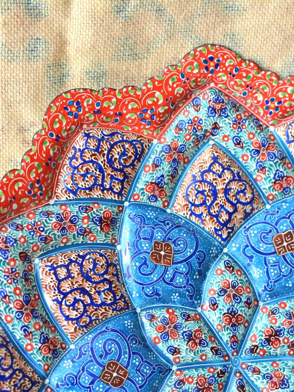 Hand-Painted enamelled red-blue plate