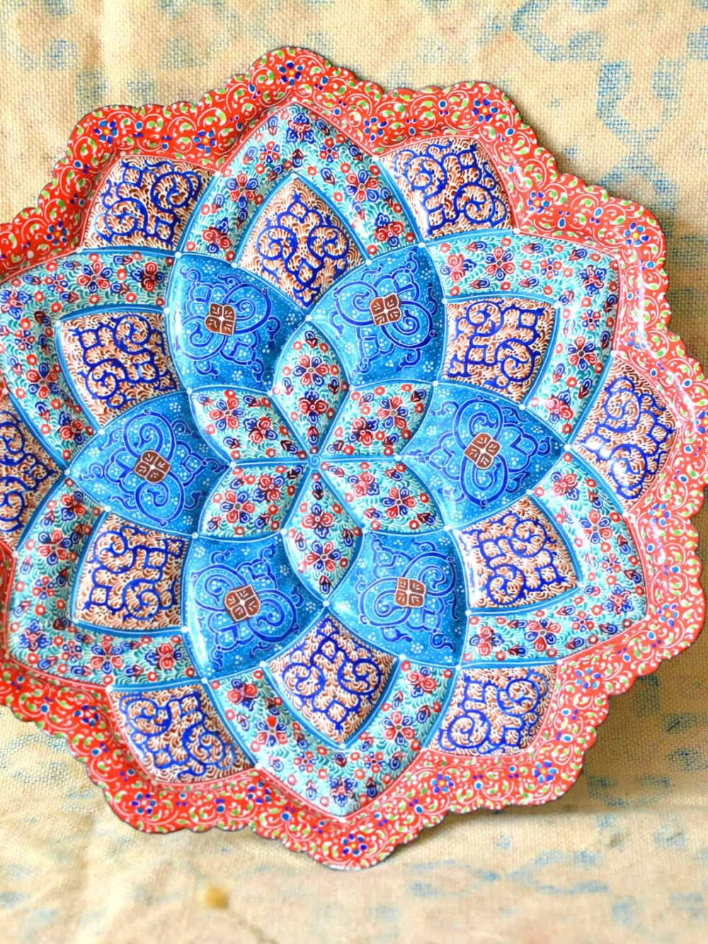 Hand-Painted enamelled red-blue plate