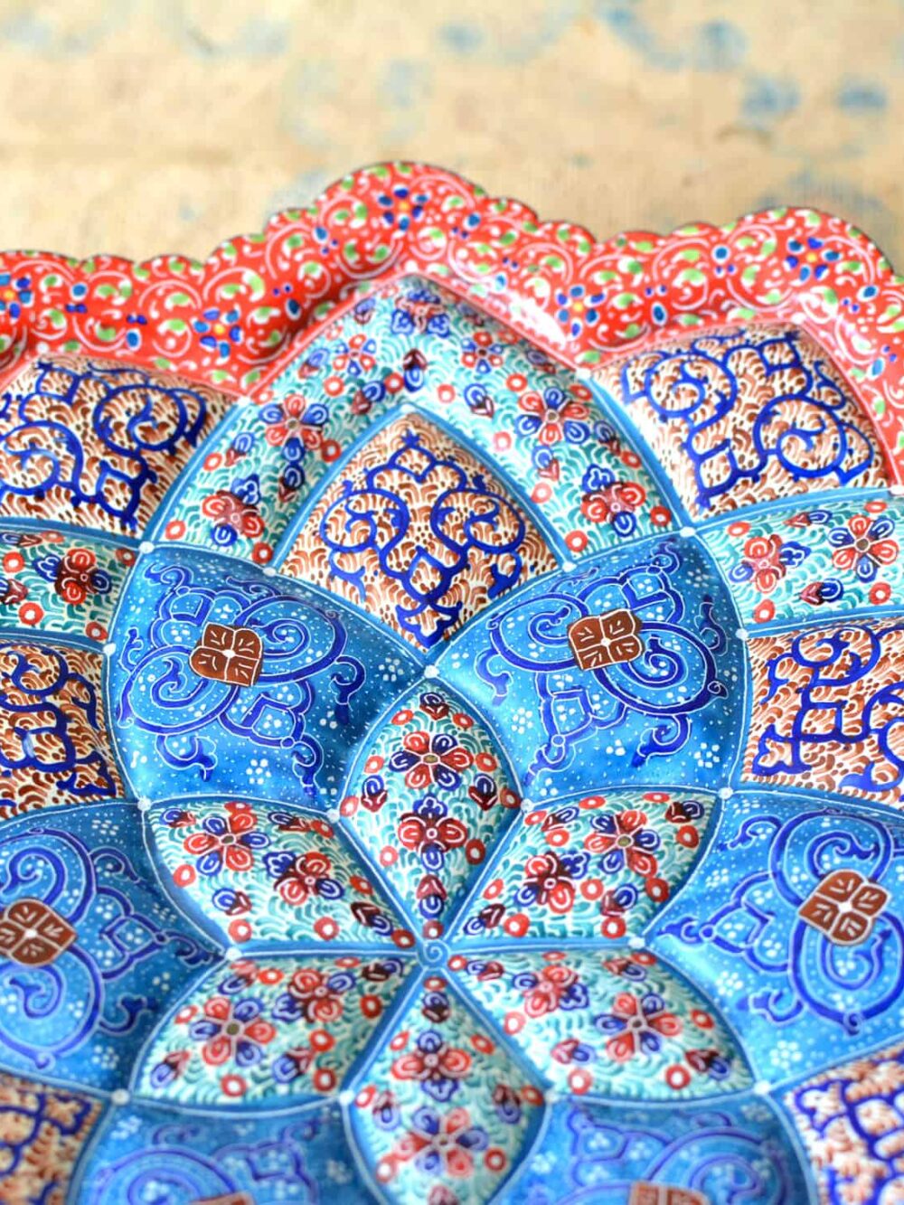 Hand-Painted enamelled red-blue plate