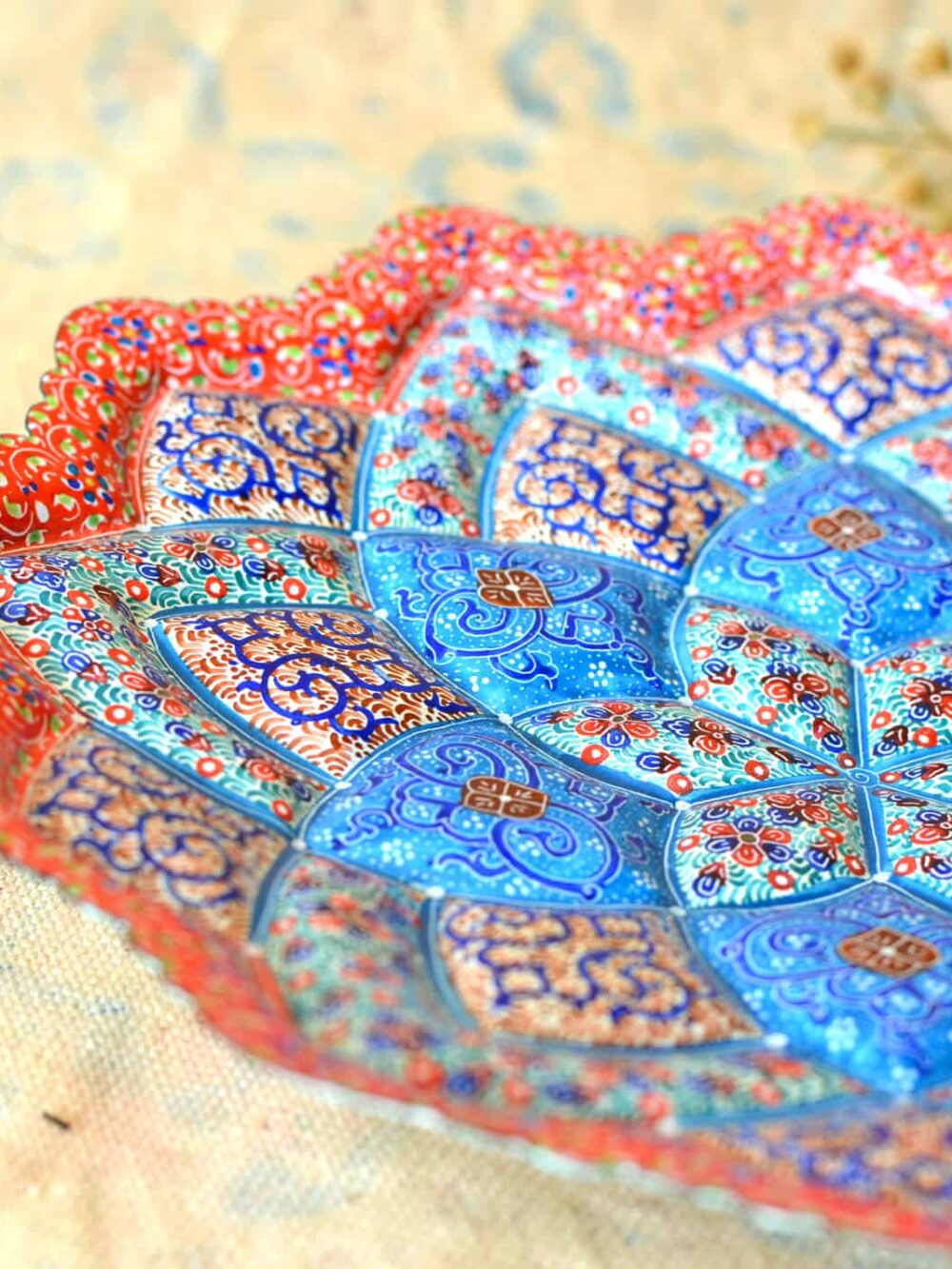 Hand-Painted enamelled red-blue plate