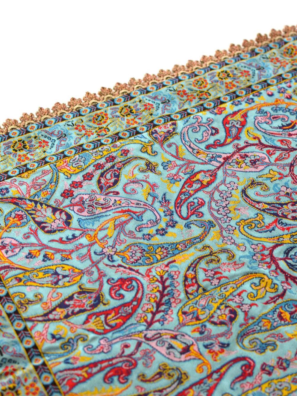 turquoise tablecloth with golden trim