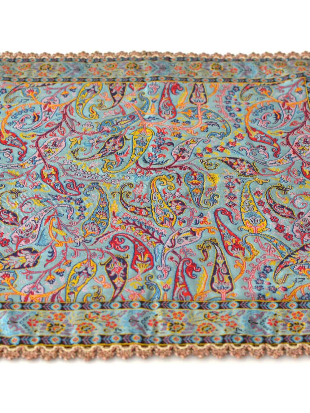 turquoise tablecloth with golden trim