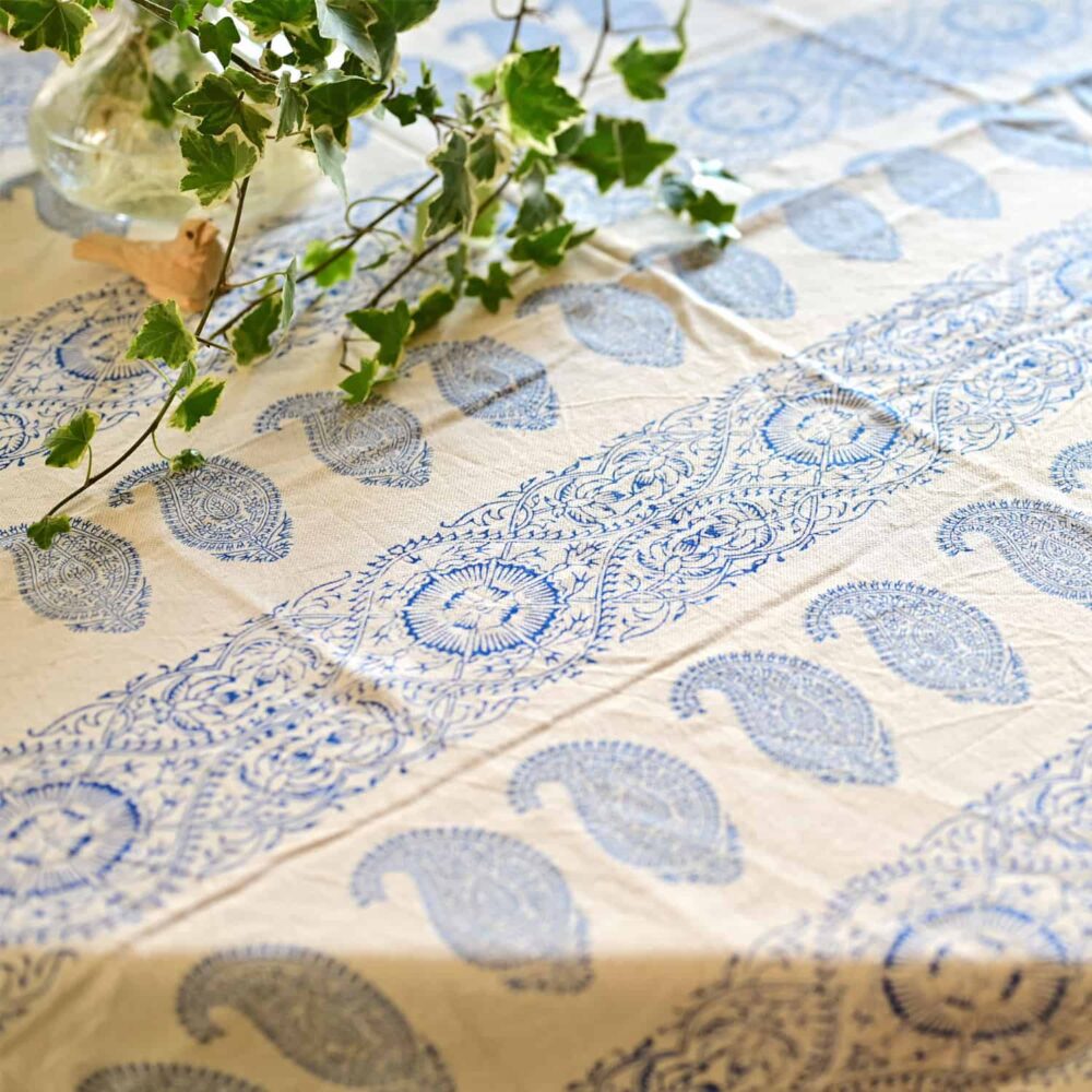 blue paisley block-printed tablecloth (Ghalamkar)