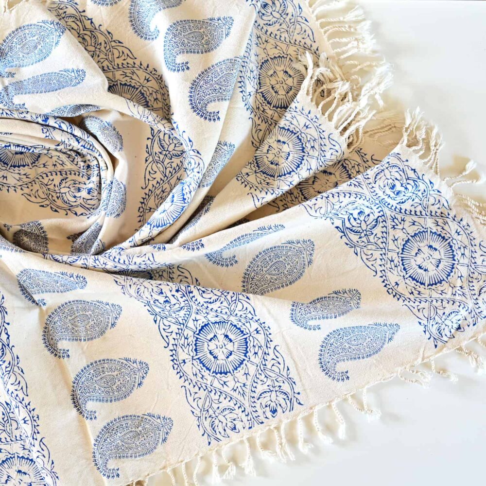 blue paisley block-printed tablecloth (Ghalamkar)