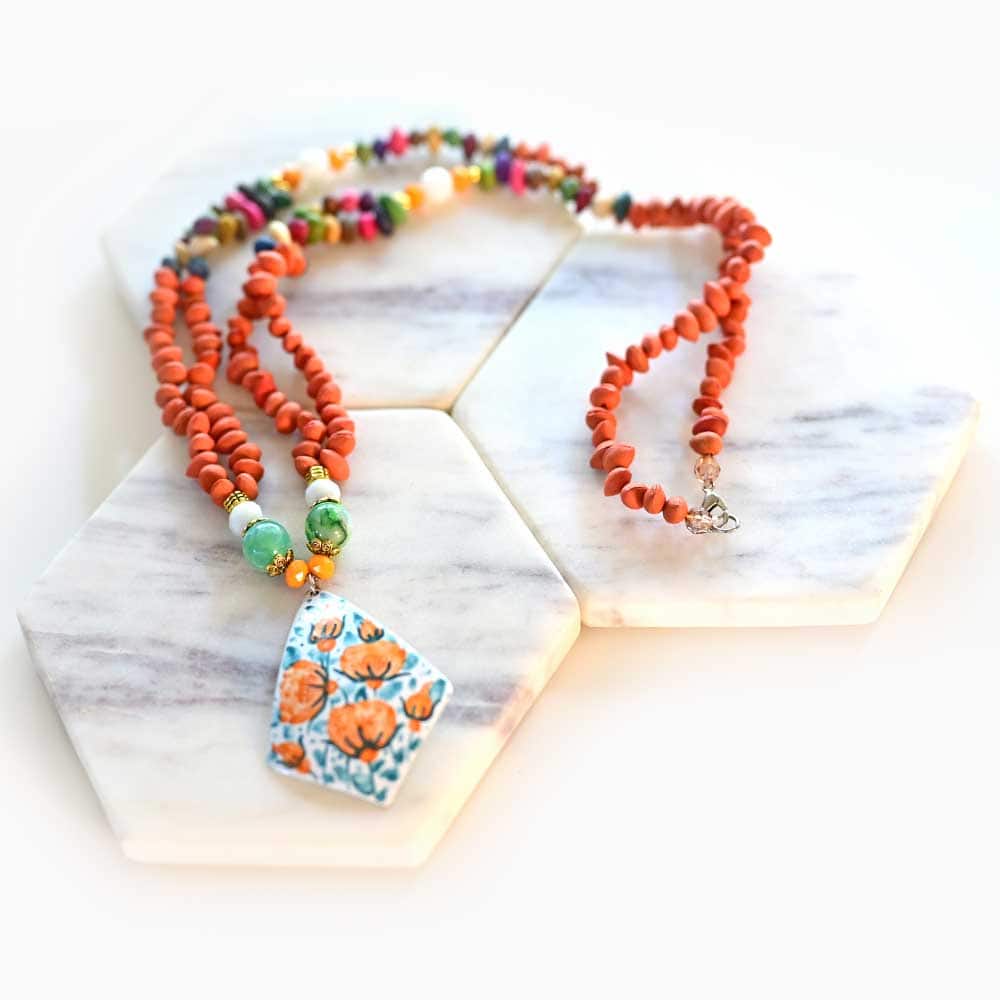 Orange Flowers Enamelled Necklace