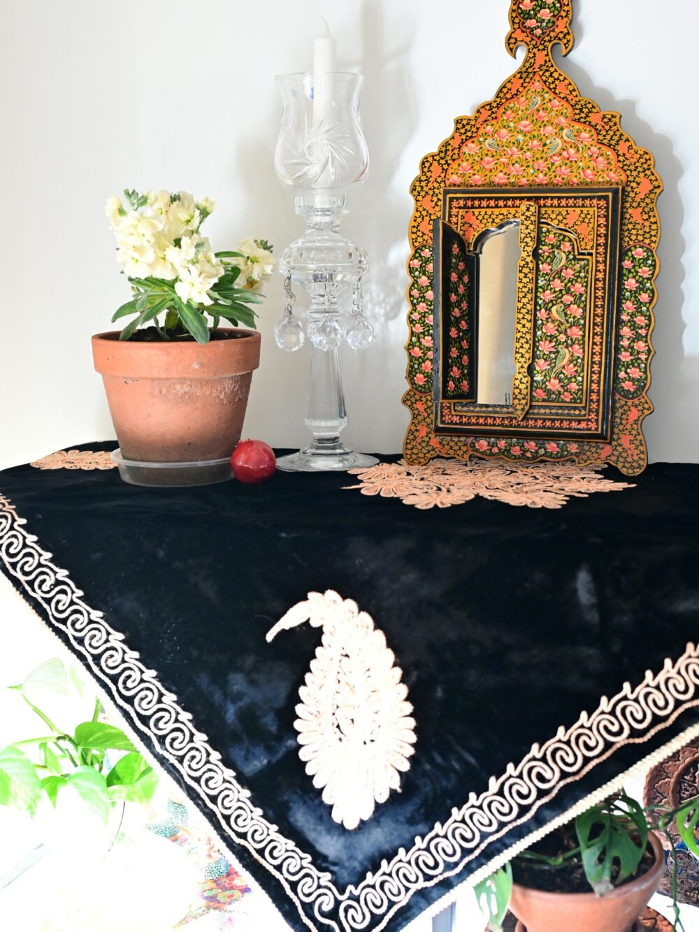 Vintage Embroidered Velvet Tablecloth