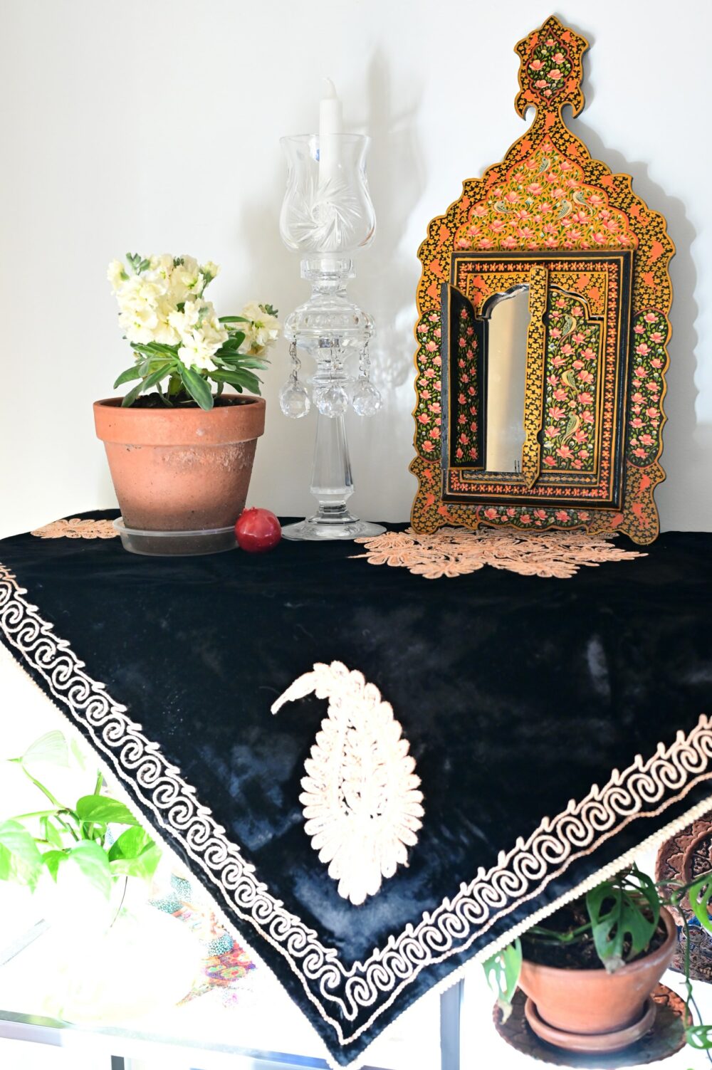 Vintage Embroidered Velvet Tablecloth