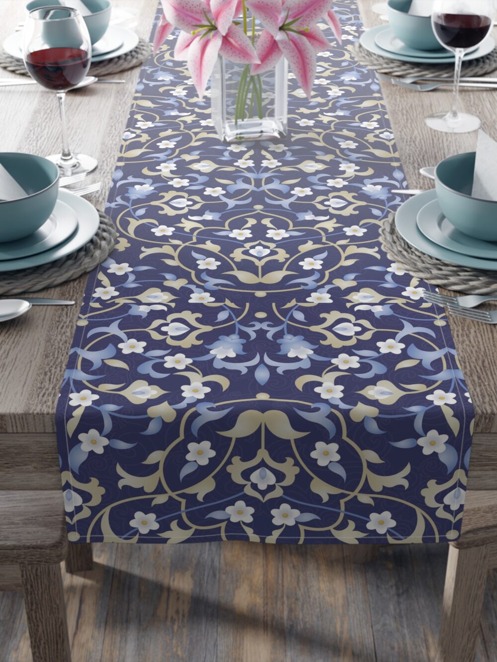 Table Runner (Cotton) - Navy Persian Floral