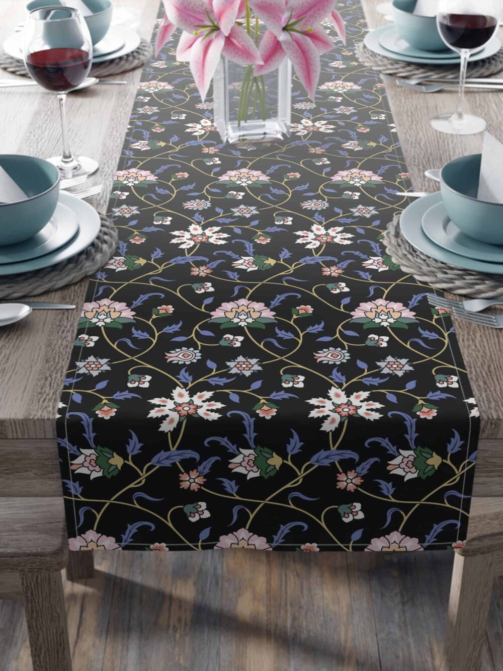 Black Floral Design Runner