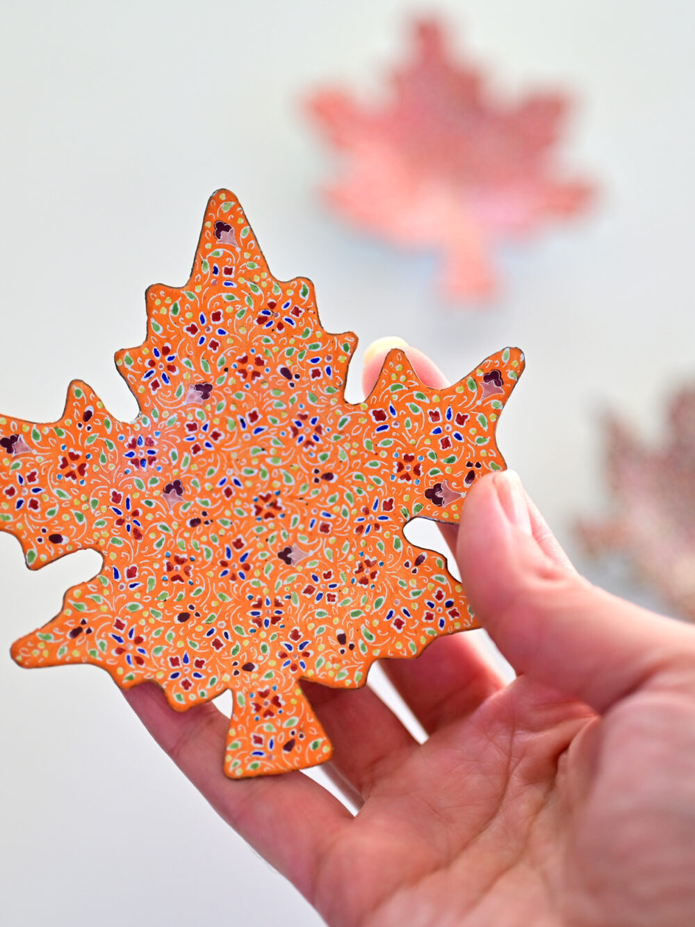Set of 3 Hand-Painted Copper Maple Leaf Dishes