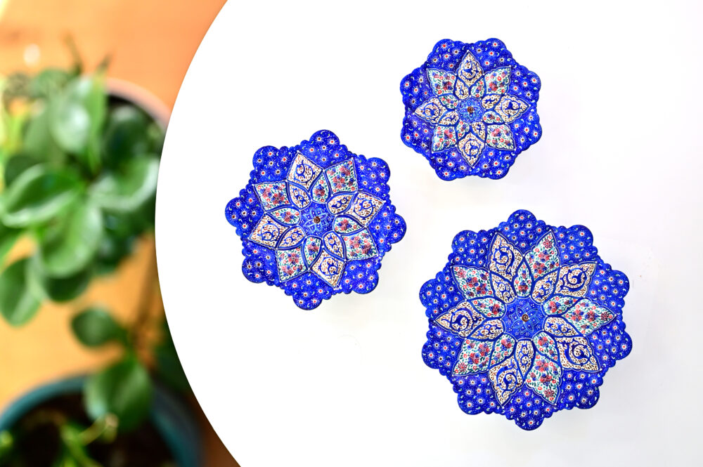 Set of 3 Blue Persian Enamel Decorative Copper Plates