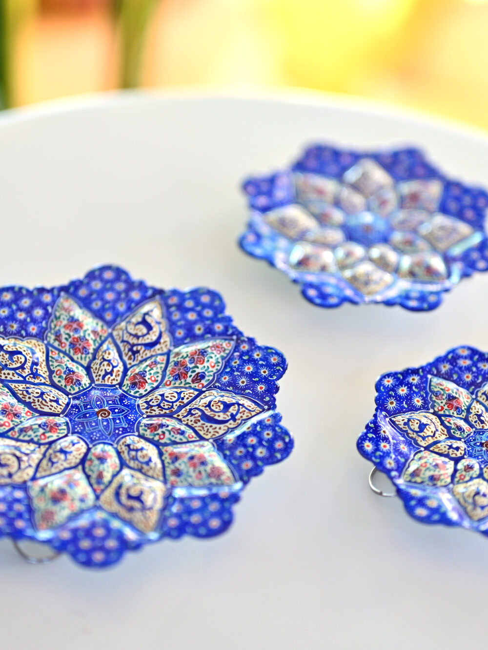 Set of 3 Blue Persian Enamel Decorative Copper Plates