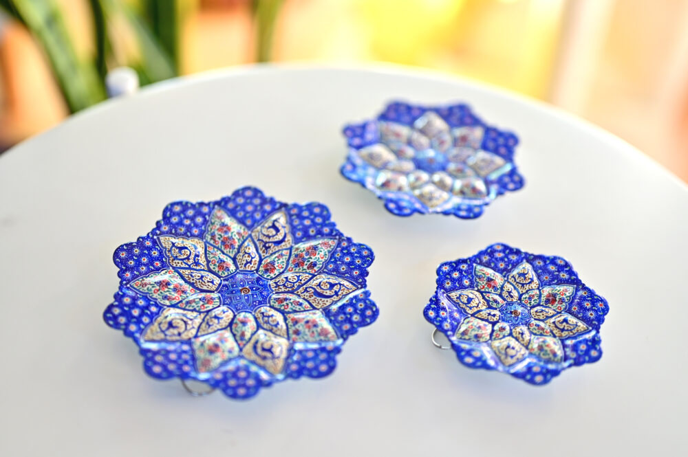 Set of 3 Blue Persian Enamel Decorative Copper Plates