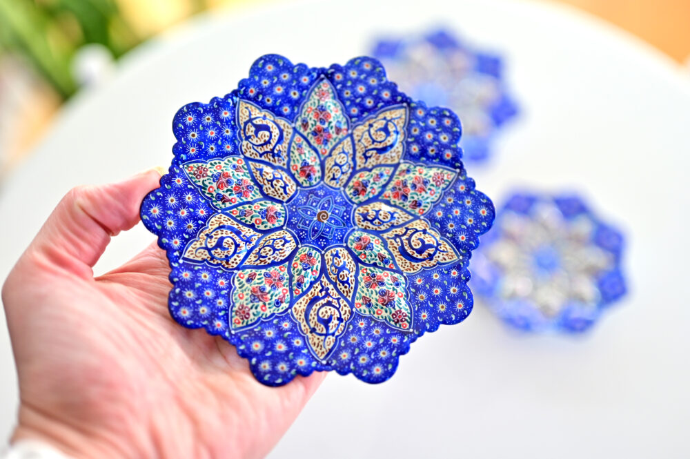 Set of 3 Blue Persian Enamel Decorative Copper Plates