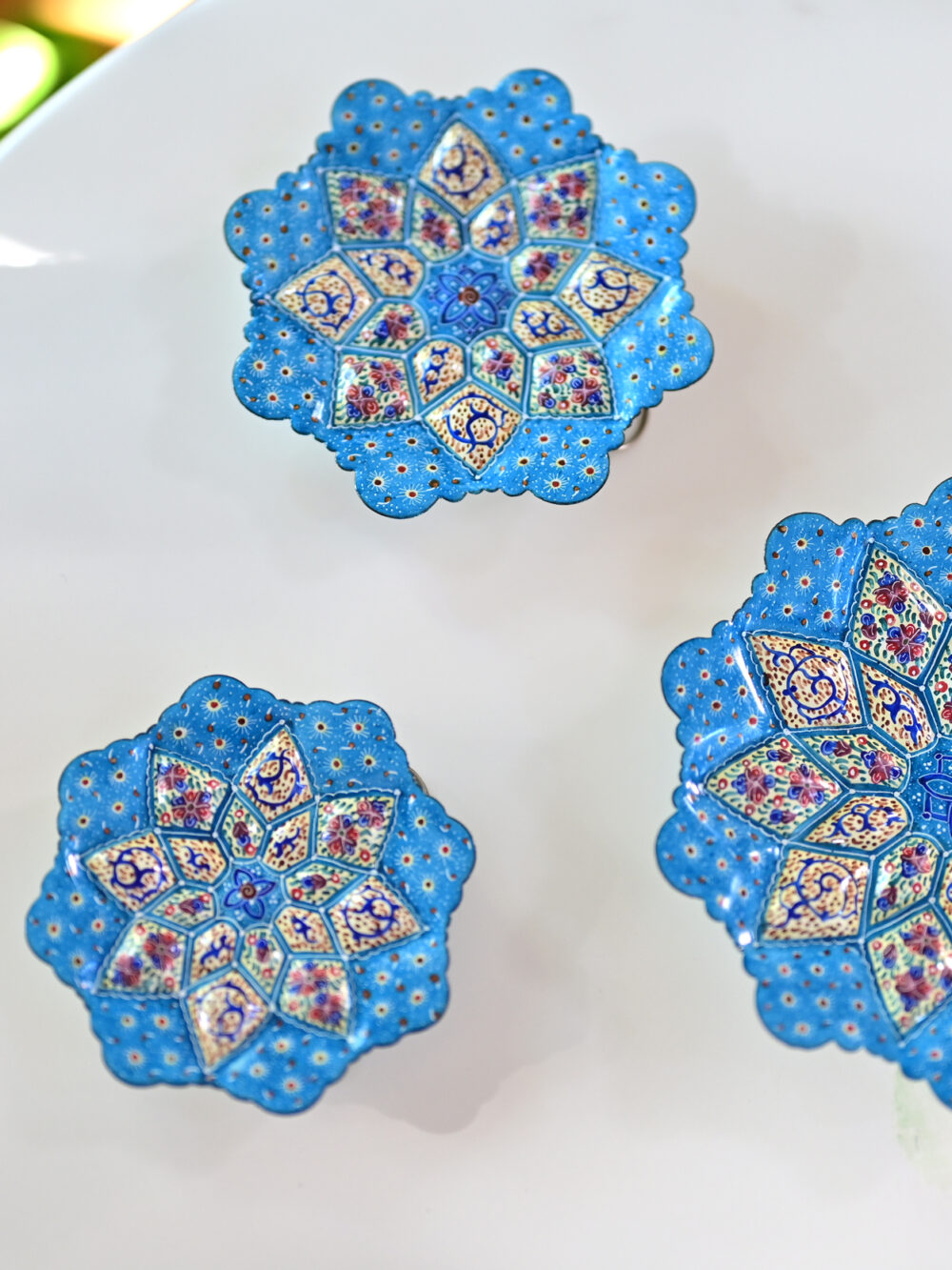 Set of 3 Light Blue Persian Enamel Copper Plates