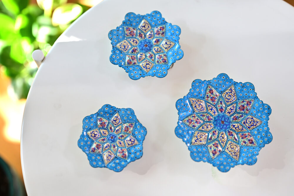 Set of 3 Light Blue Persian Enamel Copper Plates