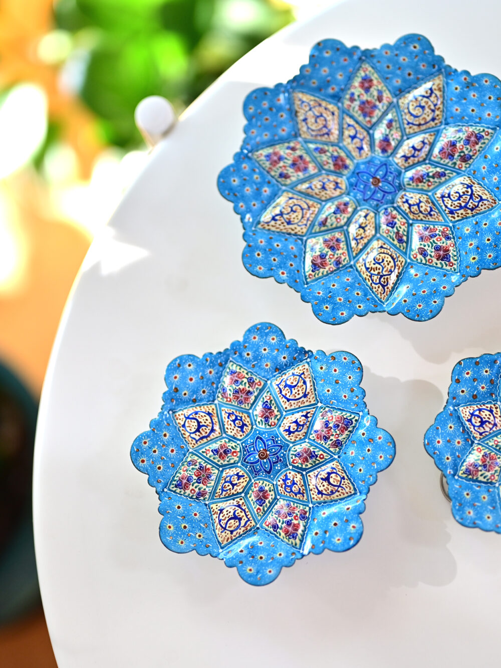 Set of 3 Light Blue Persian Enamel Copper Plates
