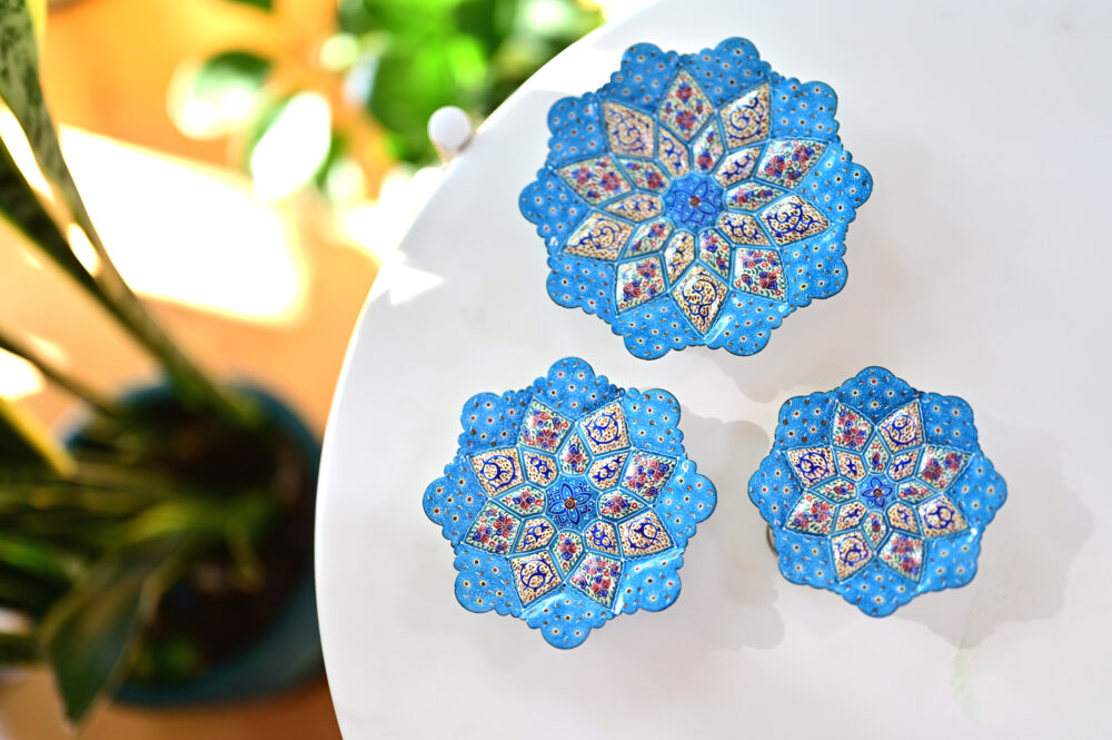 Set of 3 Light Blue Persian Enamel Copper Plates