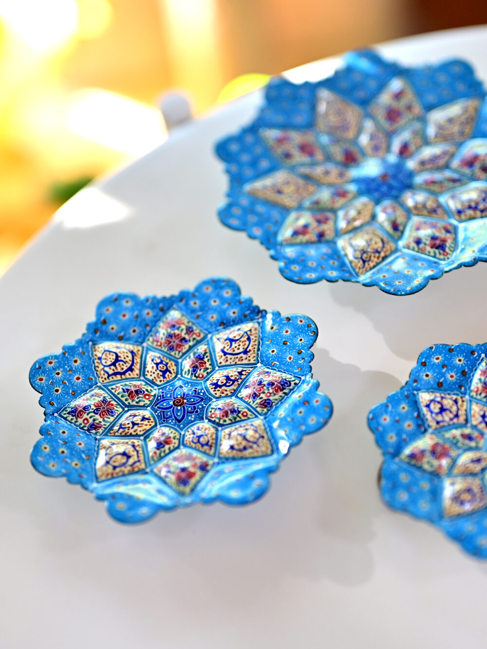 Set of 3 Light Blue Persian Enamel Copper Plates