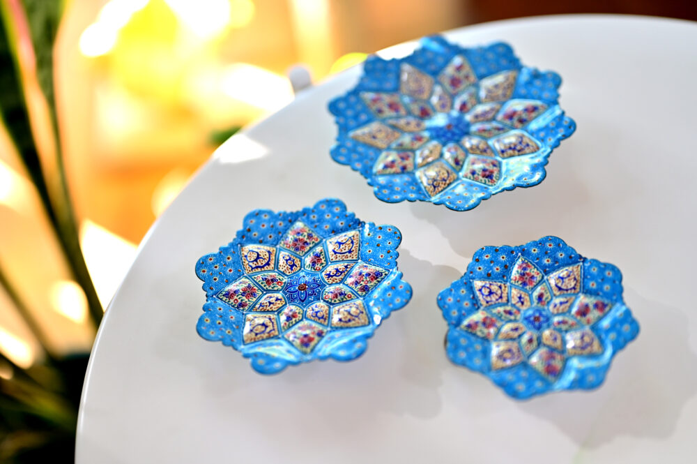 Set of 3 Light Blue Persian Enamel Copper Plates