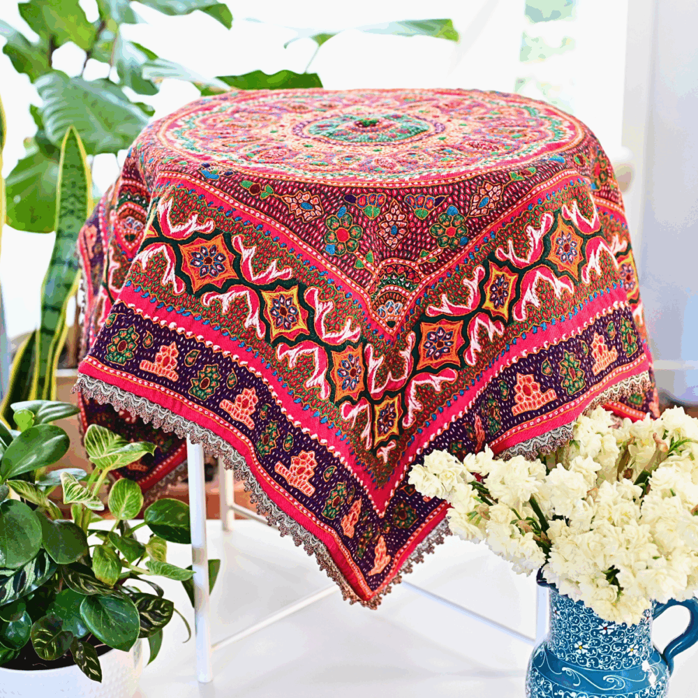 Pateh hand-embroidered wool tablecloth 100x100 cm with satin lining and decorative trim — Persian embroidered table cove