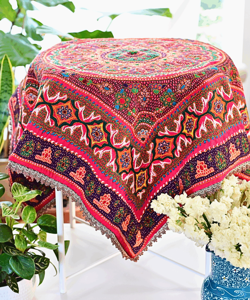 Pateh hand-embroidered wool tablecloth 100x100 cm with satin lining and decorative trim — Persian embroidered table cove