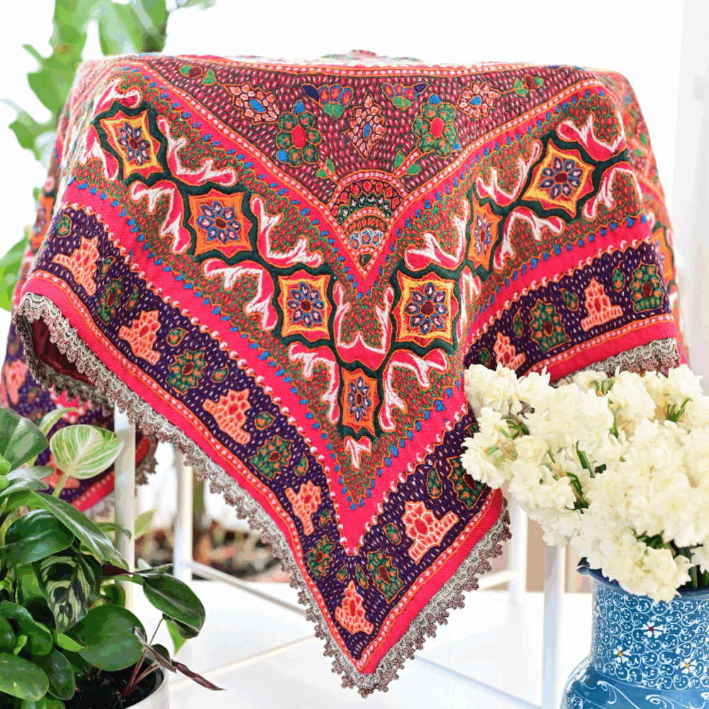 Pateh hand-embroidered wool tablecloth 100x100 cm with satin lining and decorative trim — Persian embroidered table cove