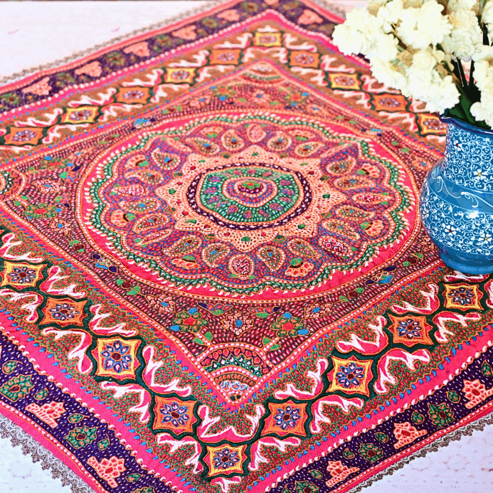 Pateh hand-embroidered wool tablecloth 100x100 cm with satin lining and decorative trim — Persian embroidered table cove