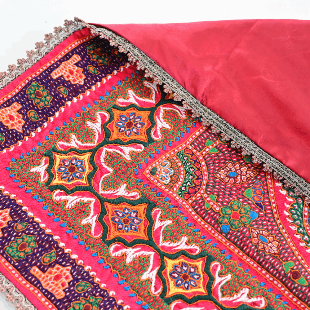 Pateh hand-embroidered wool tablecloth 100x100 cm with satin lining and decorative trim — Persian embroidered table cove