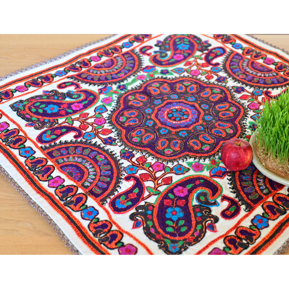 Hand-Embroidered Pateh (پته دوزی) Tablecloth 89×89 cm