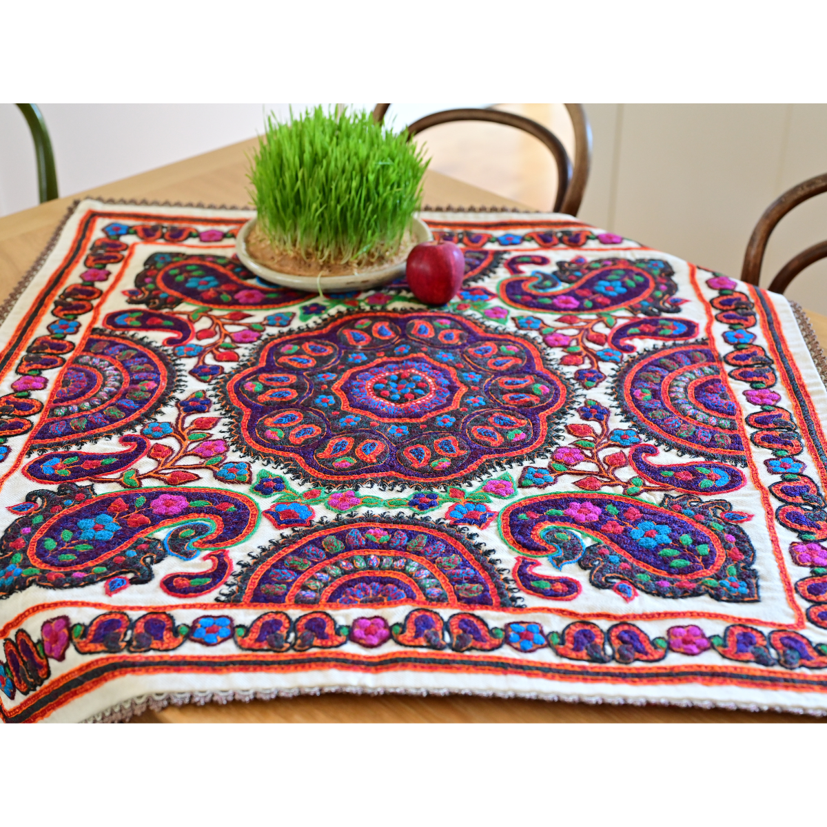 Hand-Embroidered Pateh (پته دوزی) Tablecloth 89×89 cm
