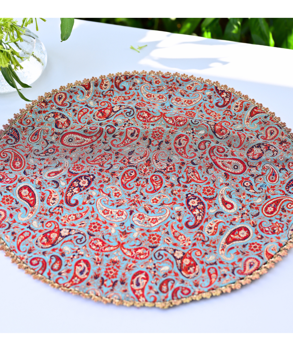 Round Persian Termeh Tablecloth – Gold Thread Woven Floral Décor | 50 cm